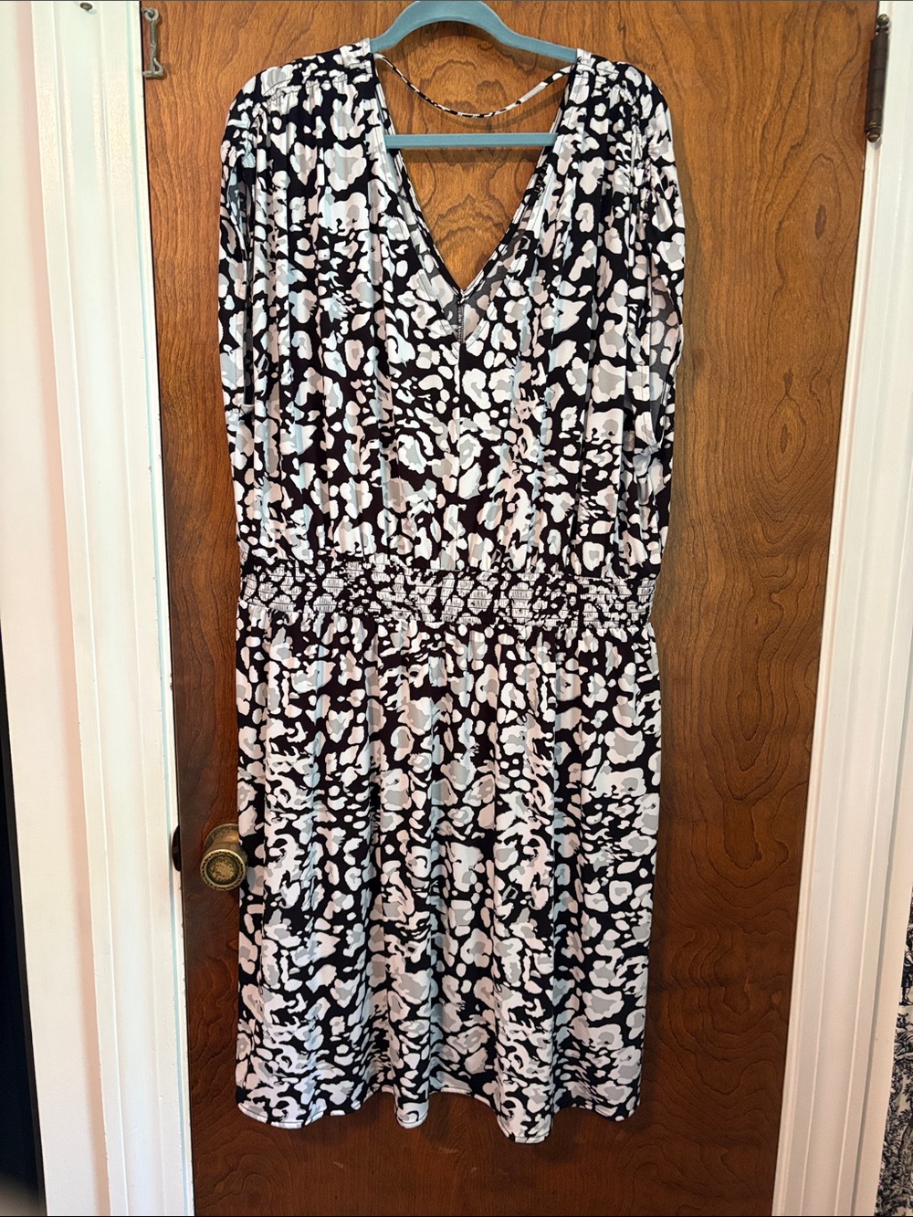 IMAN Black and White Printed V-Neck Midi Dress